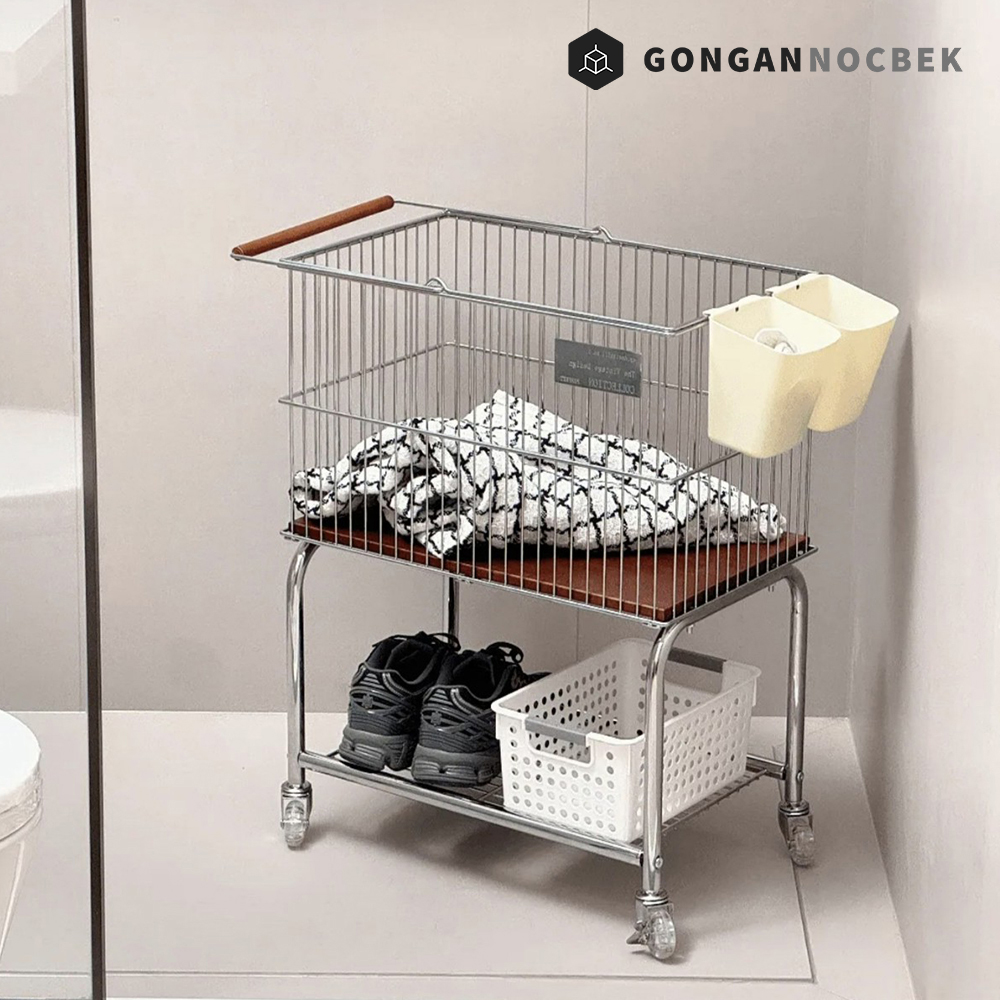 이동식 세탁 바구니 2단 빨래 트롤리 스텐 런드리 버킷