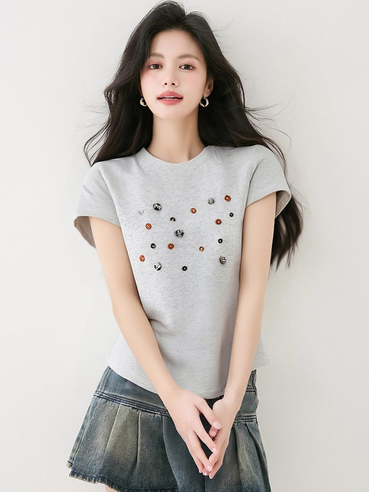 여름 여성 천연자개장식 반팔 티셔츠 라운드넥 슬림해보이는 데일리룩 캐주얼룩 그레이 - 상세 이미지 2