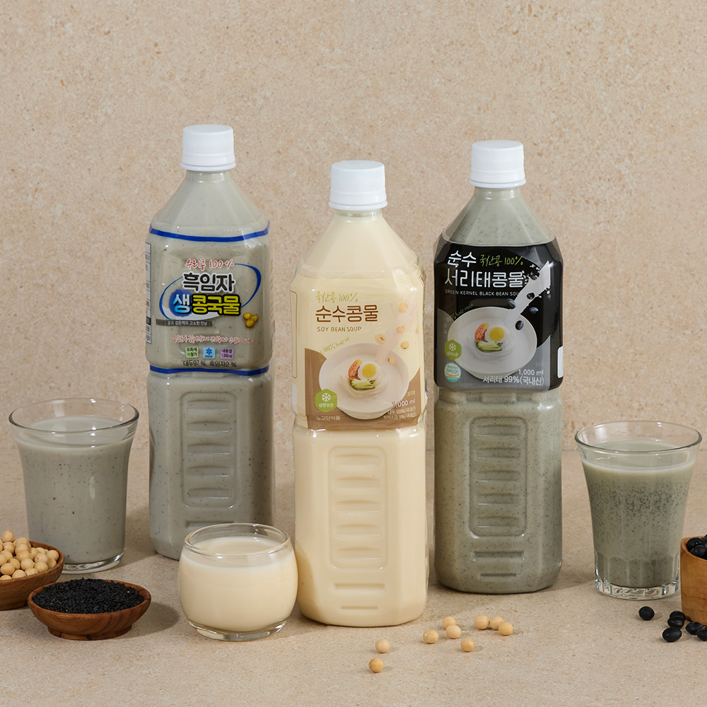국산콩 100% 순수 콩물 3종 1L x 2병 백태 서리태 흑임자 콩국수 콩국 무가당 - 상품 이미지