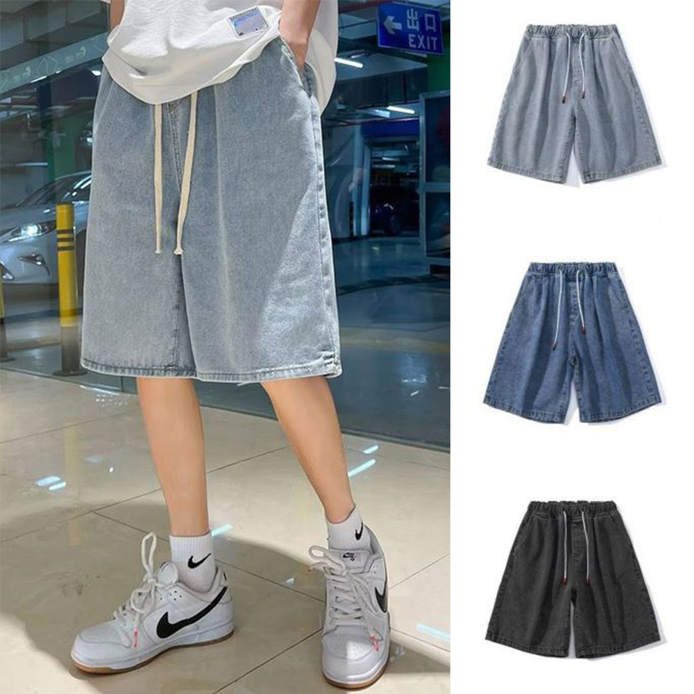 남녀 5부 팬츠 간절기 데님 스트링 밴딩 외출 패션 반바지 - 상품 이미지