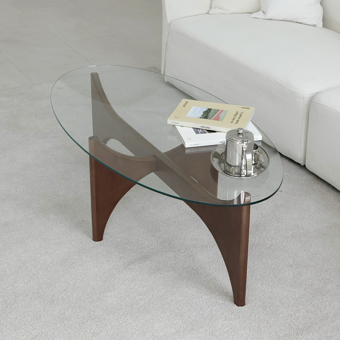 자야캠핑 반타 1723 월넛 강화유리 타원형 좌식 거실 소파 테이블