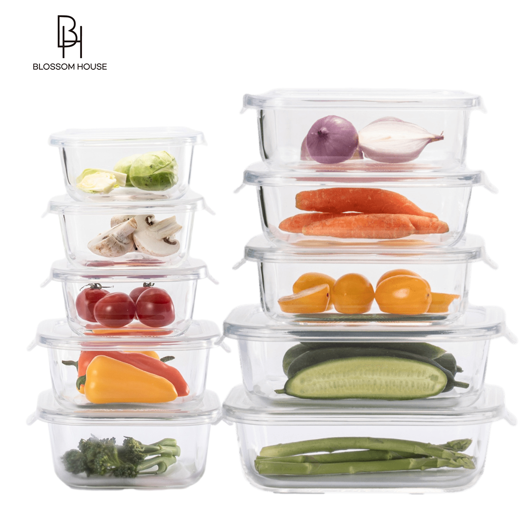 블라썸하우스 전자레인지 유리 내열 용기 10조 세트 반찬통 이유식 (정사각5조+직사각5조)