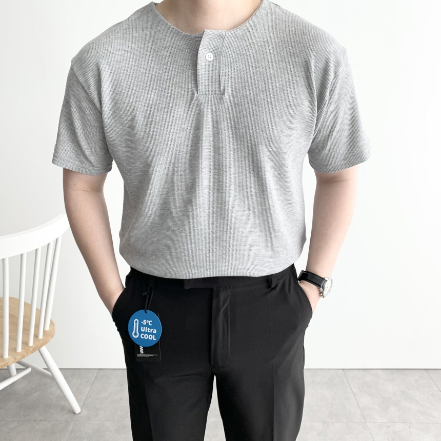 1+1 와플 헨리넥 반팔티 유넥 원버튼 단추 차이나 칼라 무지 반소매 티셔츠 - 상세 이미지 5
