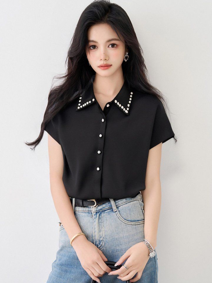여름 여성 카라넥 진주 민소매 셔츠 블라우스 버튼 오피스룩 데일리룩 하객룩 정장룩 - 상세 이미지 4