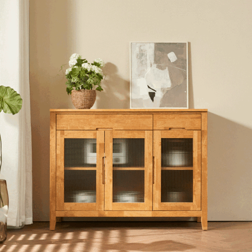 모던리빙 내추럴 우드 수납장 3도어 서랍형 유리도어 거실장 주방장 장식장 원목 감성 인테리어 가구