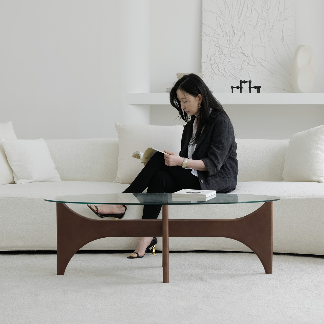 자야캠핑 반타 1723 월넛 강화유리 타원형 좌식 거실 소파 테이블