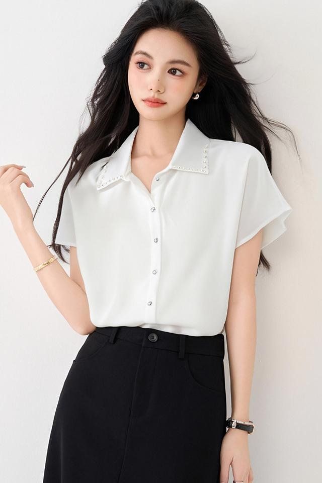 여름 여성 카라넥 진주 민소매 셔츠 블라우스 버튼 오피스룩 데일리룩 하객룩 정장룩 - 상세 이미지 3