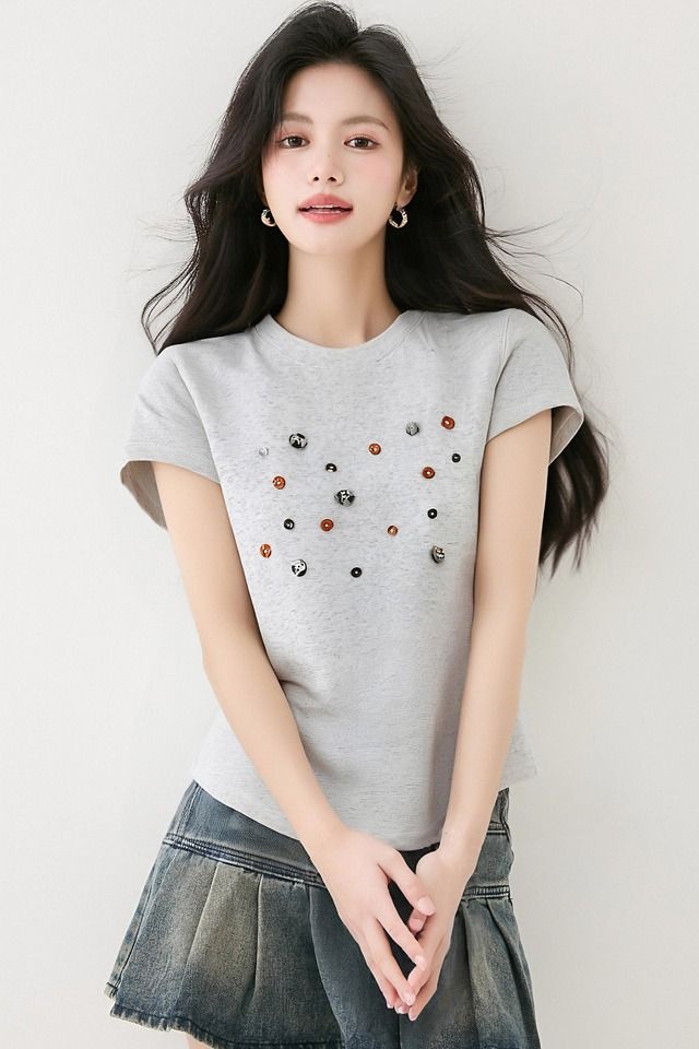 여름 여성 천연자개장식 반팔 티셔츠 라운드넥 슬림해보이는 데일리룩 캐주얼룩 그레이 - 상세 이미지 5