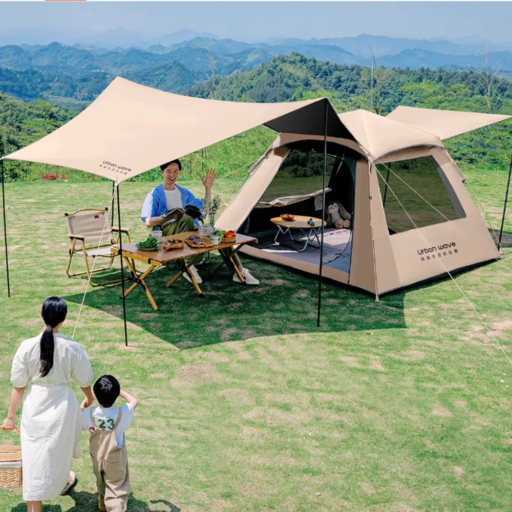 야외 텐트 캐노피 2-in-1 휴대용 접이식 두꺼운 자동 캠핑 장비 풀세트 타이 은색 텐트 대형 1실 1홀 2문
