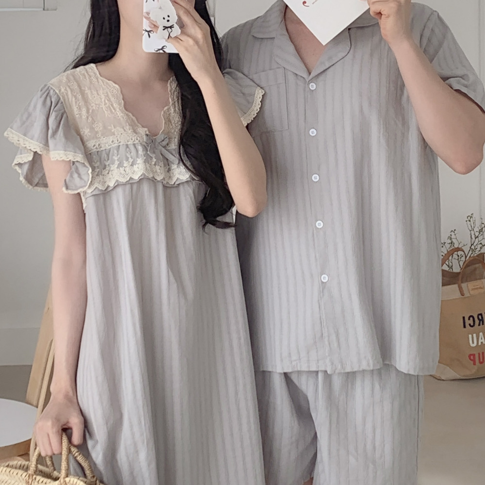 신혼부부커플잠옷 여름원피스잠옷 순면파자마 나시 민소매 면 홈원피스 세트 - 상품 이미지