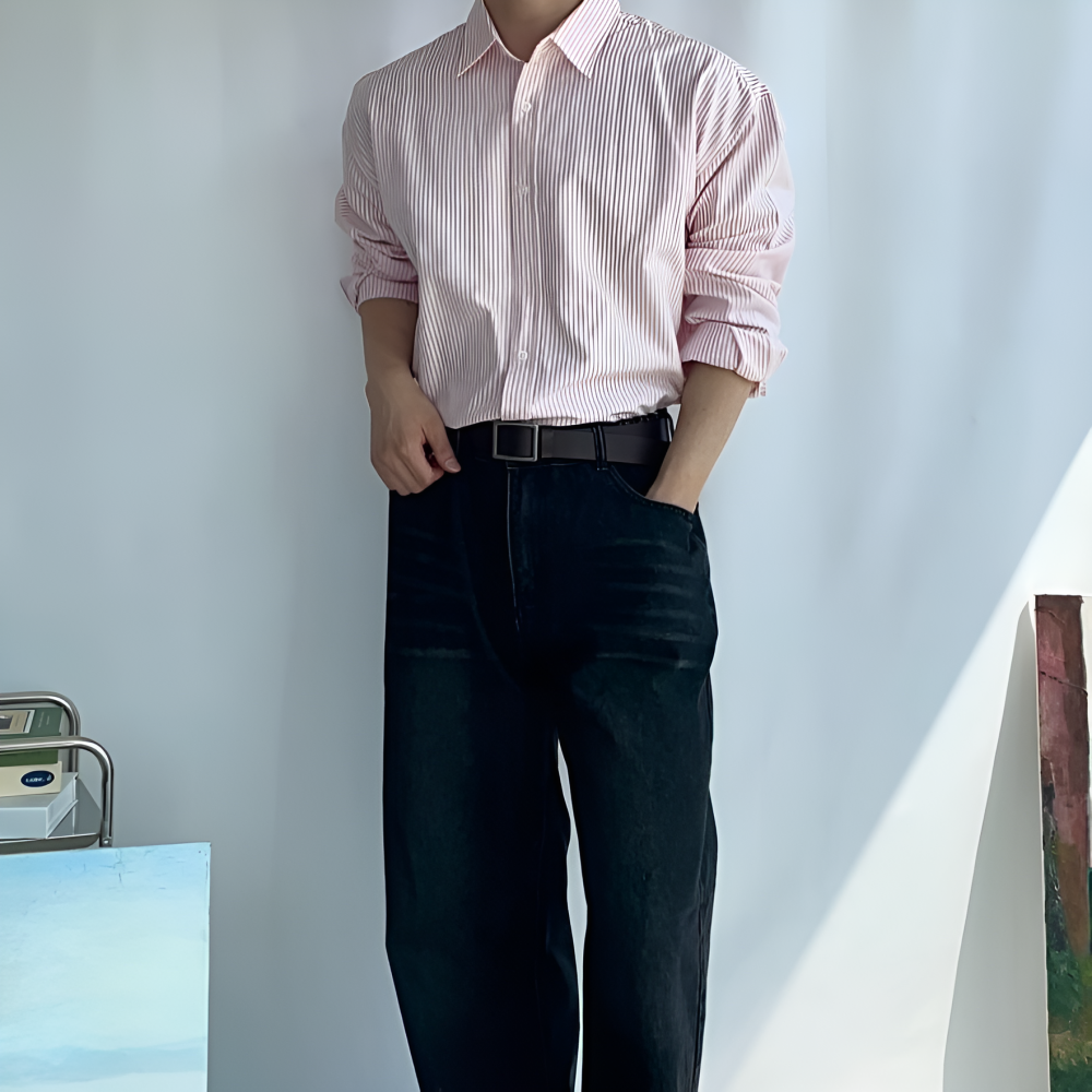 남자 사계절 베이직 기본 스트라이프 옥스포드 면 셔츠 남방 - 상세 이미지 3