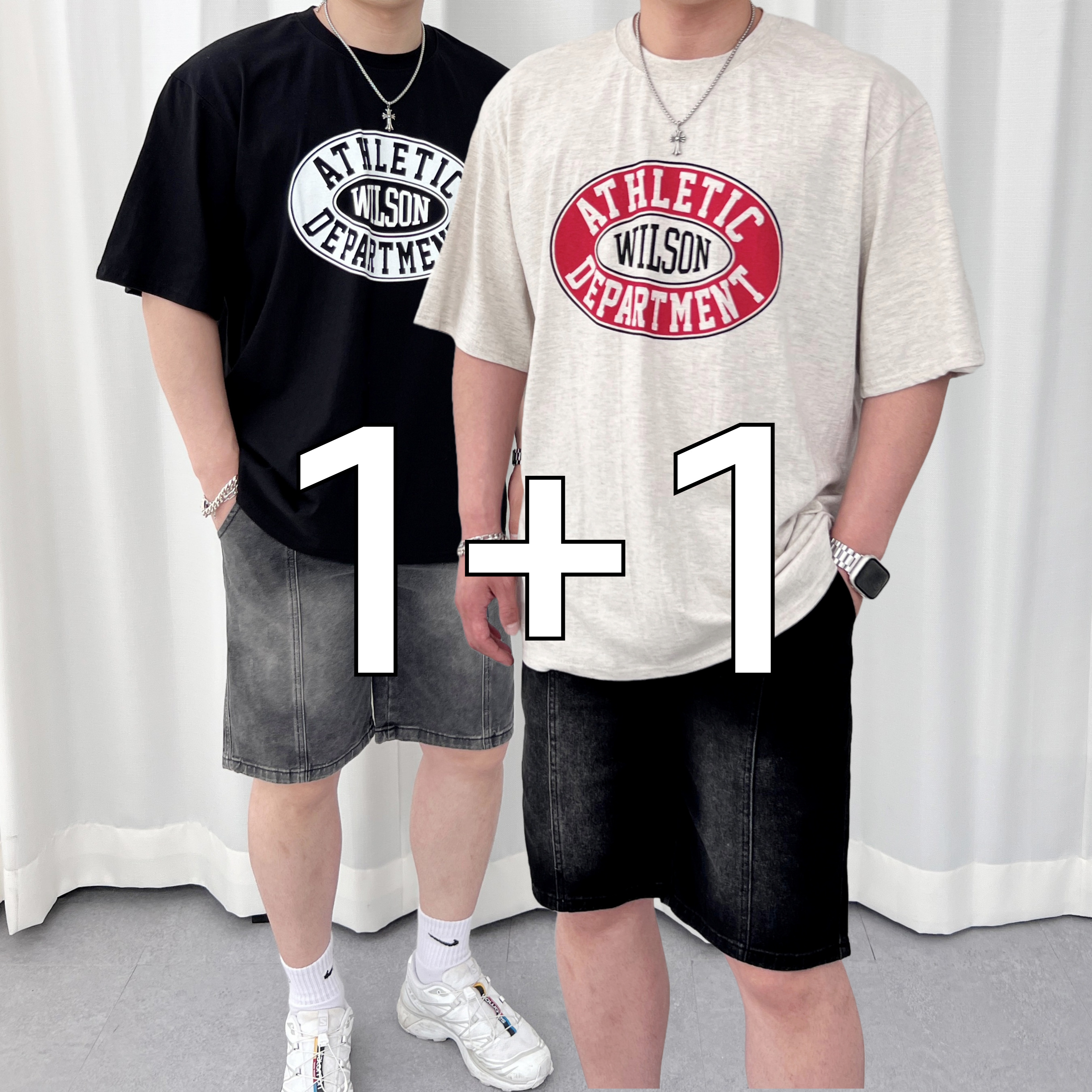 1+1 반타 RG 윌슨 로고 프린팅 박스핏 오버핏 레터링 라운드 빅사이즈 반팔티 - 상품 이미지
