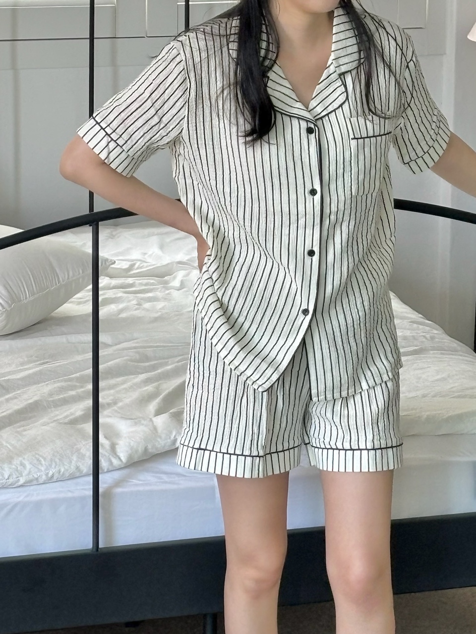 [커플잠옷] 레이 반팔 반바지 요루면 면 여름 잠옷 파자마 긴팔 세트 - 상세 이미지 4