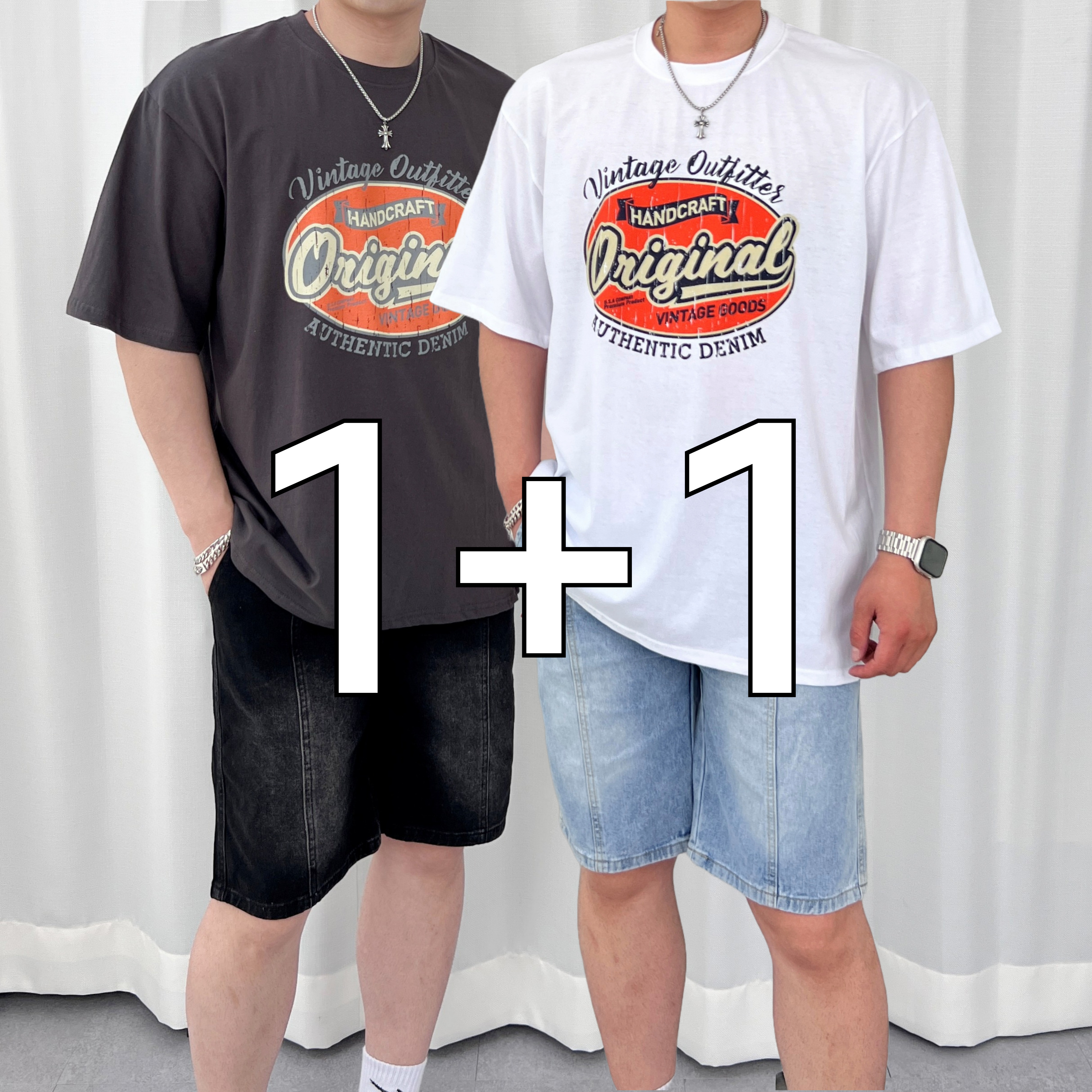 1+1 반타 RG 오리지날 로고 프린팅 박스핏 오버핏 레터링 라운드 빅사이즈 반팔티 - 상품 이미지
