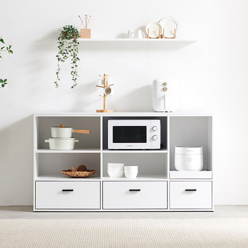 주방 수납장 모노화이트 3단 오픈형 렌지대 전자레인지 밥솥 수납장 팬트리 다용도 낮은장 정리 선반장