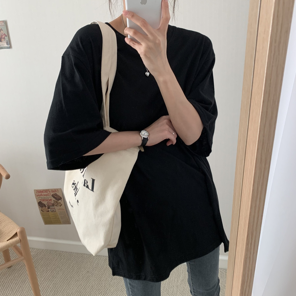 오버핏 레이어드 티셔츠 기본 이너 여성 티셔츠 면 라운드 여자흰티 롱티 여자 반팔티 이미지 4