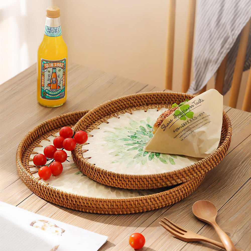 라탄 트레이 원형 간식 과일 바구니 미니 수납 바스켓