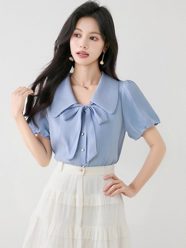 여성 봄 여름 와이드카라 리본타이 퍼프 반팔 블라우스 데일리룩 페미닌룩 요루셔츠 - 상세 이미지 4