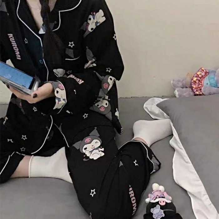 (반팔/긴팔) 쿠로미 블랙 배색 잠옷 세트 이미지 8