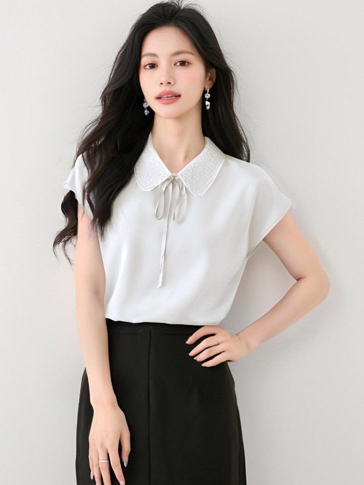 여성 봄 여름 피터팬카라 리본 스트랩 반팔 블라우스 단정한 기본 데일리 오피스룩 - 상세 이미지 4