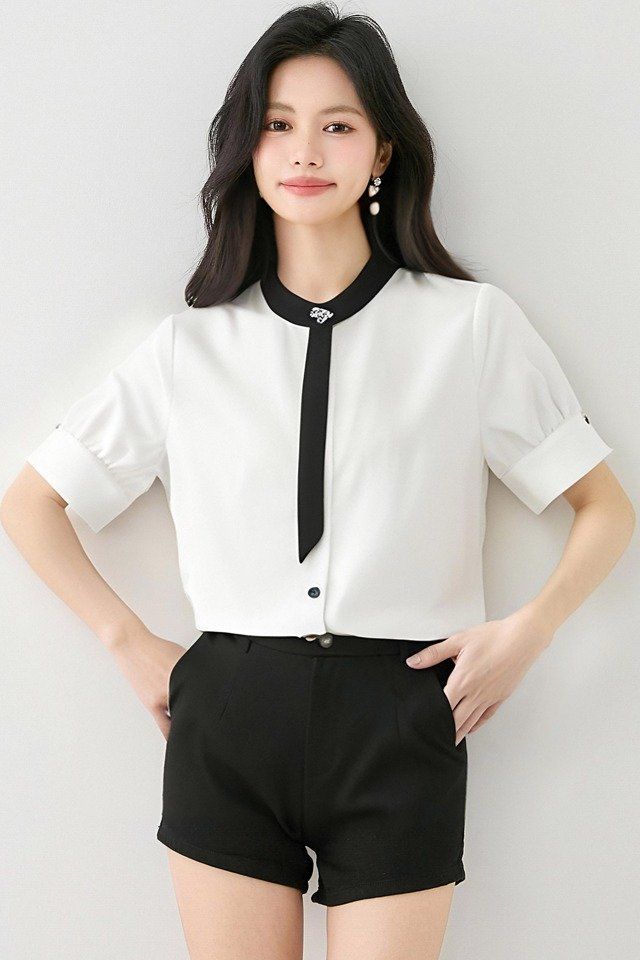 여성 봄 여름 배색 라운드넥 반팔 블라우스 넥포인트 롤업소매 데일리 오피스룩 - 상세 이미지 5