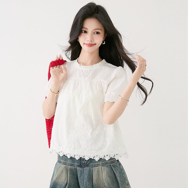 여성 봄 여름 라운드넥 프릴 반팔 자수 레이스 블라우스 2XL 출근룩 한국스타일 - 상세 이미지 2