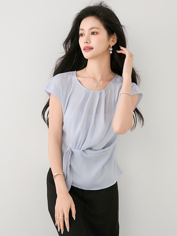 여성 봄 여름 라운드넥 민소매 핀턱 랩스타일 블라우스 2XL 슬림핏 데일리룩 출근룩 - 상세 이미지 4