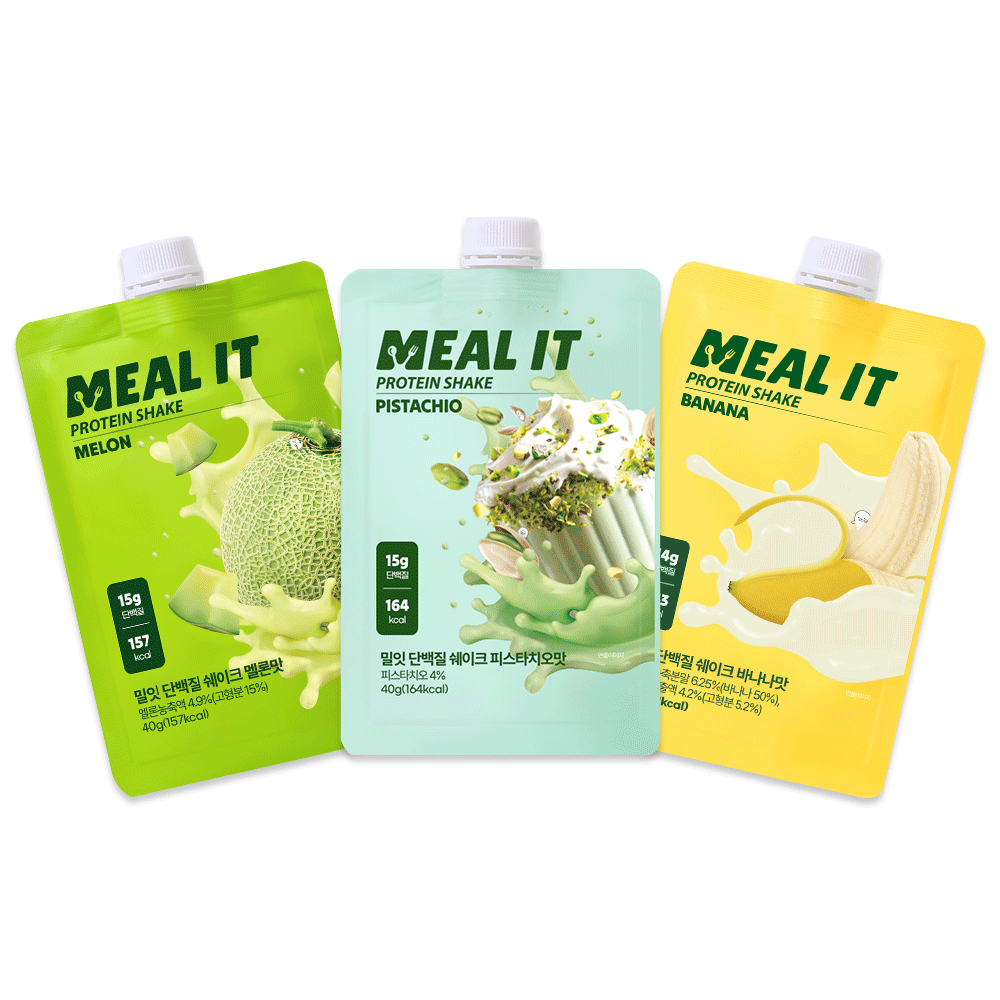 밀잇 식단관리 단백질 쉐이크 포켓형 40g 3개 7가지맛 (말차초코쿠키, 시리얼, 초콜릿, 바나나, 커피, 멜론, 피스타치오) 제품 이미지