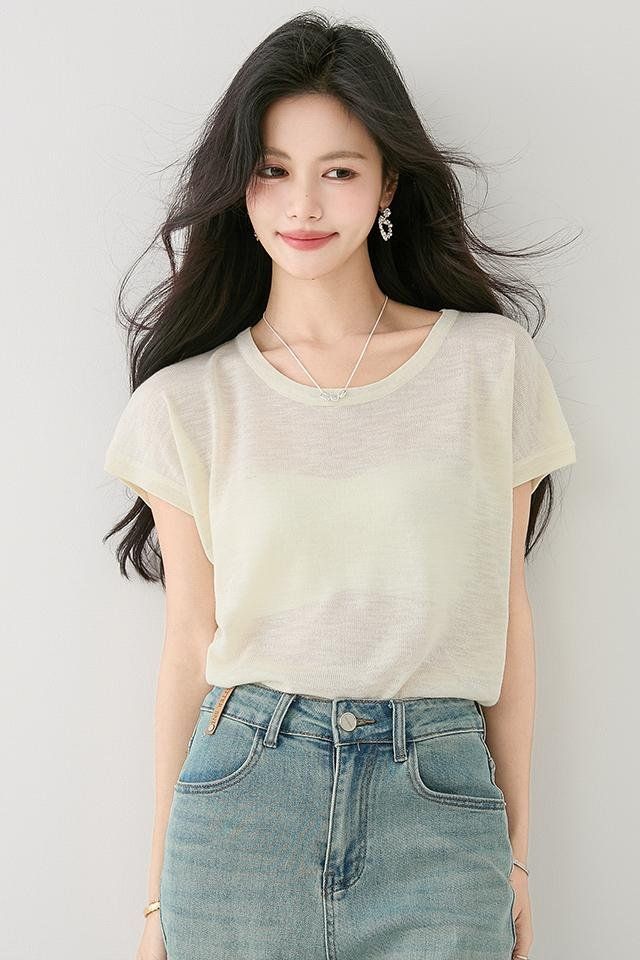 여성 봄 여름 루즈핏 라운드넥 반팔 니트 2XL 뒷면 레이스 시스루 데일리룩 얇은 티셔츠 - 상세 이미지 5