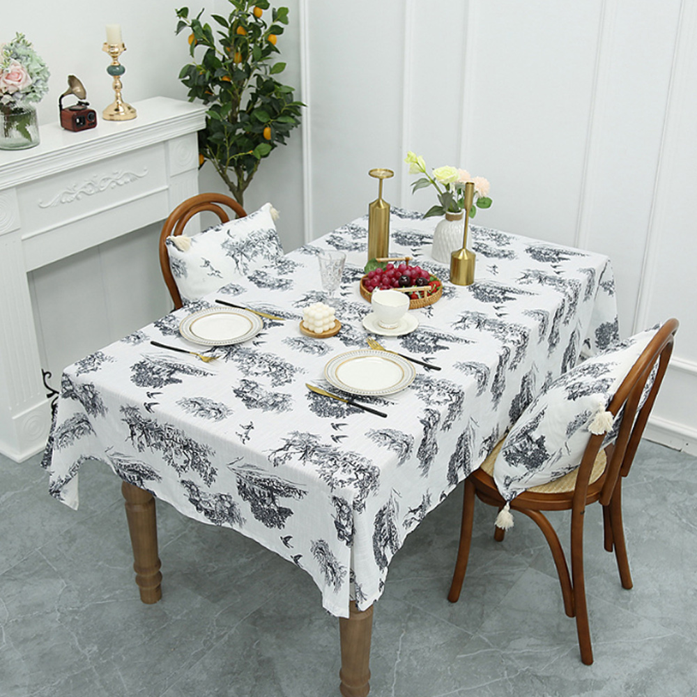 정원 풍경 린넨 식탁보 테이블보( 140x 100 cm) (블랙) 커버 매트 방수 러너