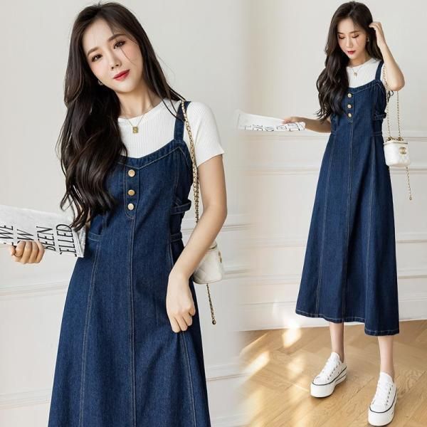 멜빵 원피스 슬림 플레어 중청 데님 맬빵 롱 치마 청치마 청스커트 빅사이즈 123868 : 선데이버거