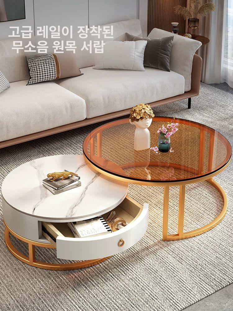 거실 테이블 수납 원형 다이닝 보관 라운드 우드 낮은테이블 50 아르마니 회색 돌판70 유리 흰색 - 상세 이미지 3
