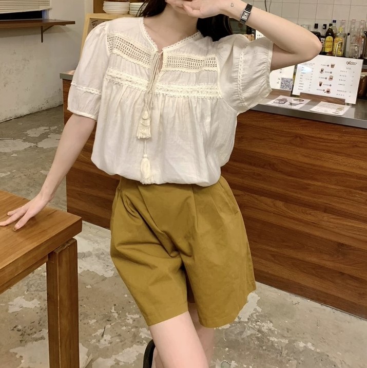수술 아사코튼 여름반팔블라우스 캐쥬얼 시원한 펀칭블라우스 A라인 레이스소매 데일리룩 - 상세 이미지 4