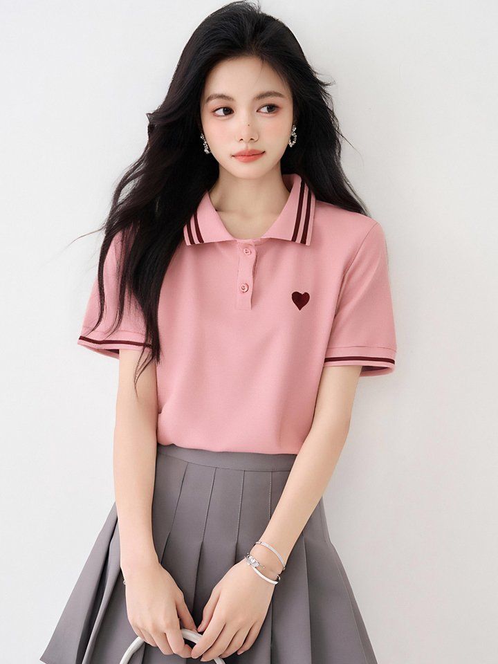 여성 봄 여름 폴로카라 반팔 티셔츠 2XL 배색라인 하트자수 출근룩 캐주얼 면티 - 상세 이미지 5