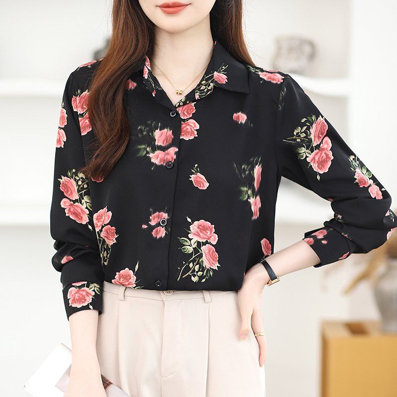 여성 봄 가을 루즈핏 플라워 긴팔 카라 셔츠 XL 출근룩 오피스룩 쉬폰 블라우스 고급 - 상세 이미지 3