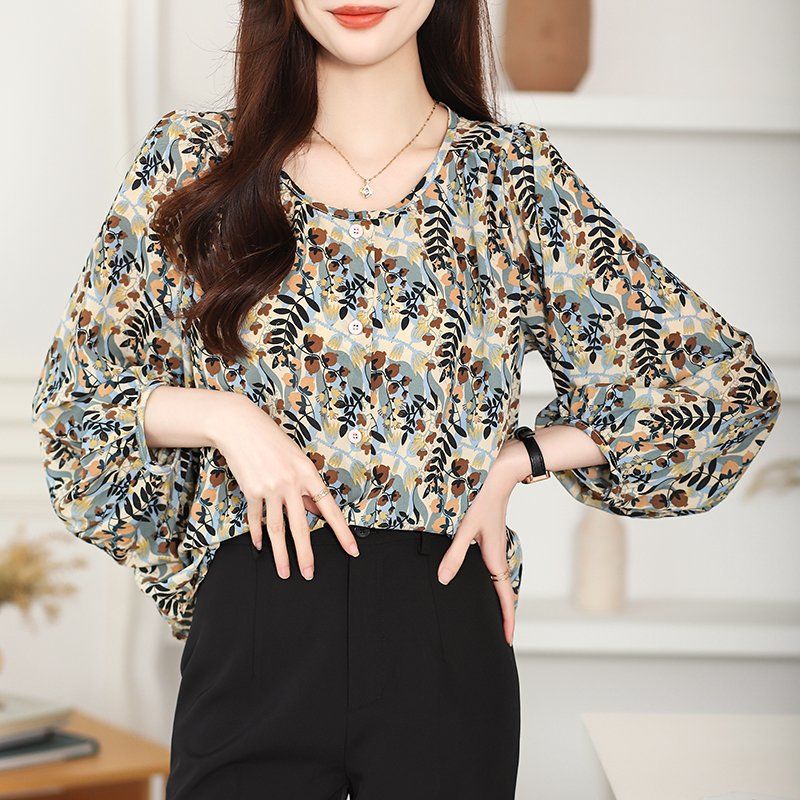 여성 봄 가을 루즈핏 플라워 긴팔 라운드넥 블라우스 3XL 빅사이즈 랜턴소매 쉬폰 티 - 상세 이미지 2