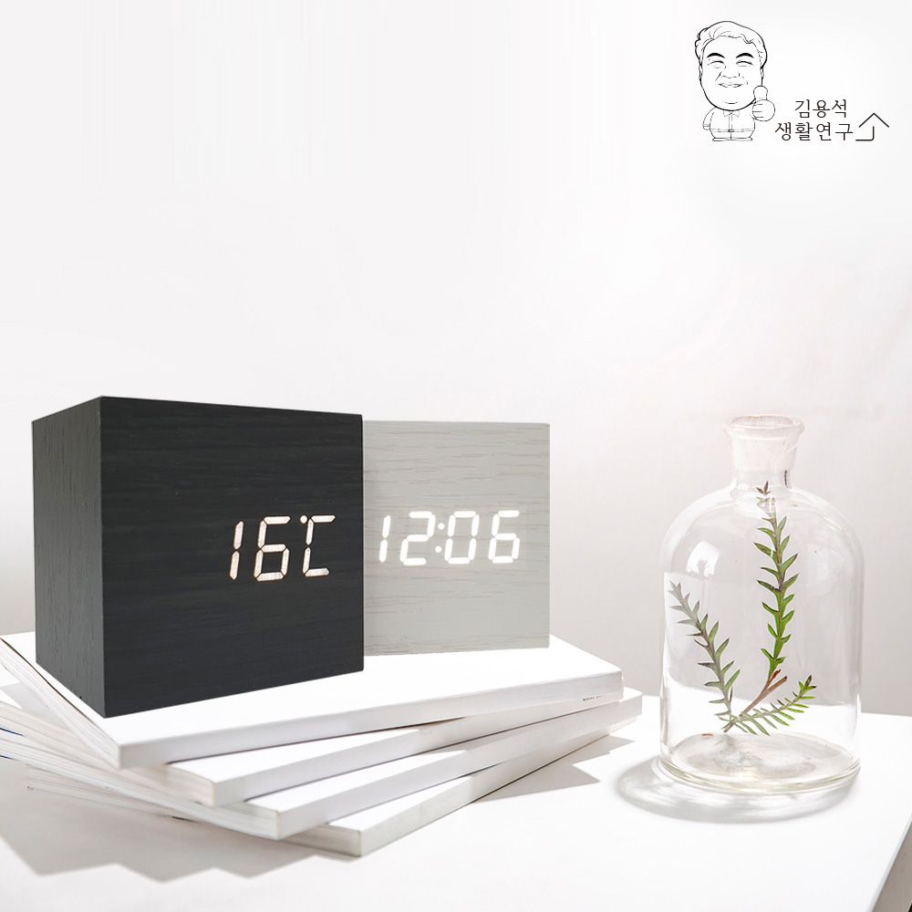 LED 큐브 우드 탁상시계 알람 무소음 인테리어 - 메인 이미지