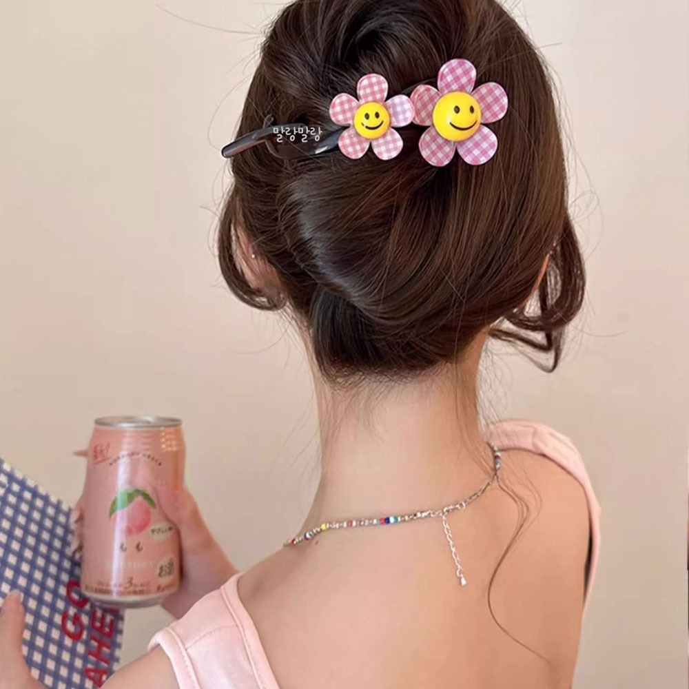 스마일 체크 꽃집게핀 귀여운 머리삔 올림머리 헤어핀 이미지 8