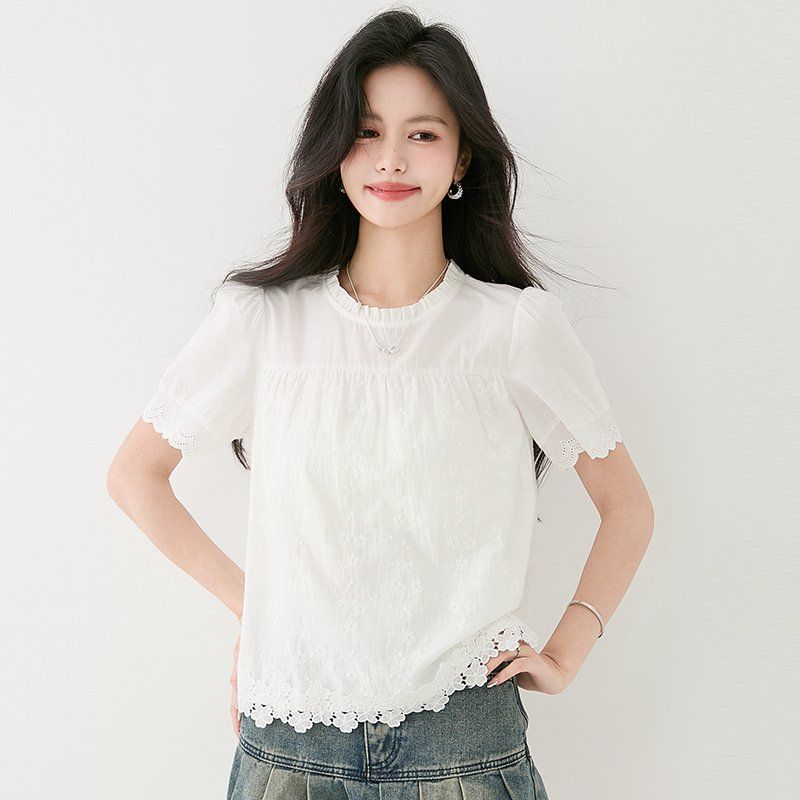 여성 봄 여름 라운드넥 프릴 반팔 자수 레이스 블라우스 2XL 출근룩 한국스타일 - 상세 이미지 3