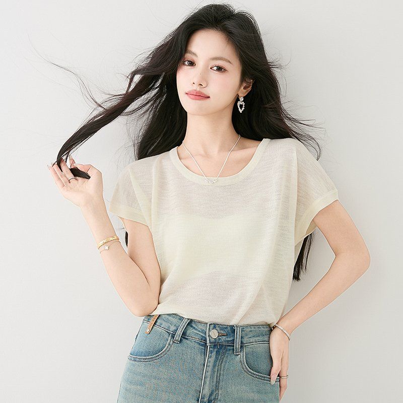 여성 봄 여름 루즈핏 라운드넥 반팔 니트 2XL 뒷면 레이스 시스루 데일리룩 얇은 티셔츠 - 상세 이미지 4