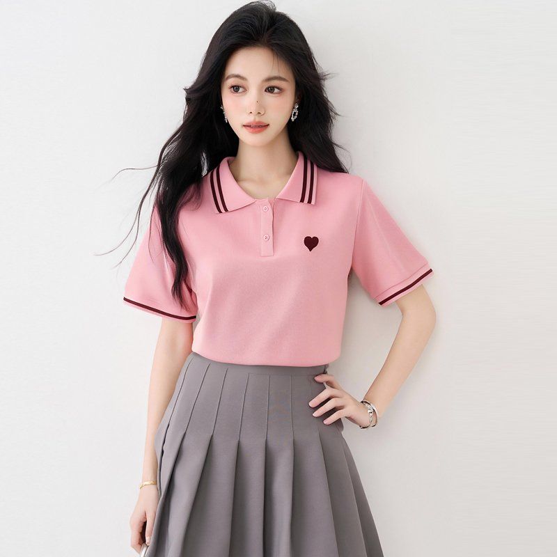 여성 봄 여름 폴로카라 반팔 티셔츠 2XL 배색라인 하트자수 출근룩 캐주얼 면티 - 상품 이미지