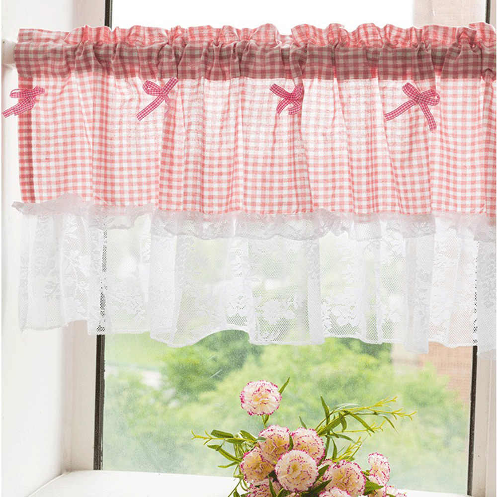 리본 방울 체크 바란스 커튼 창문 150x 45 cm( 레드) 주방 부엌 주방창 미니
