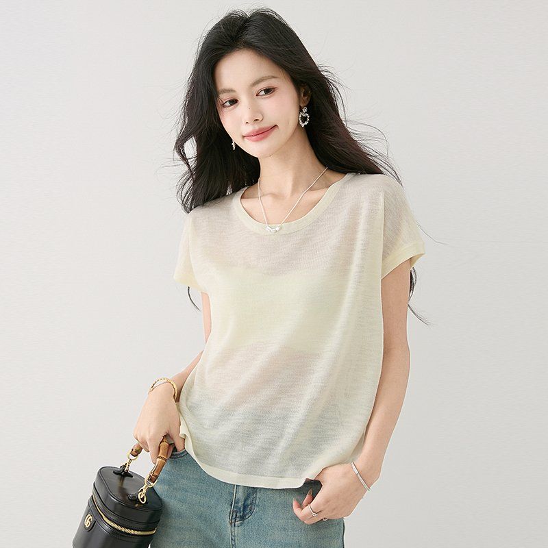 여성 봄 여름 루즈핏 라운드넥 반팔 니트 2XL 뒷면 레이스 시스루 데일리룩 얇은 티셔츠 - 상세 이미지 3