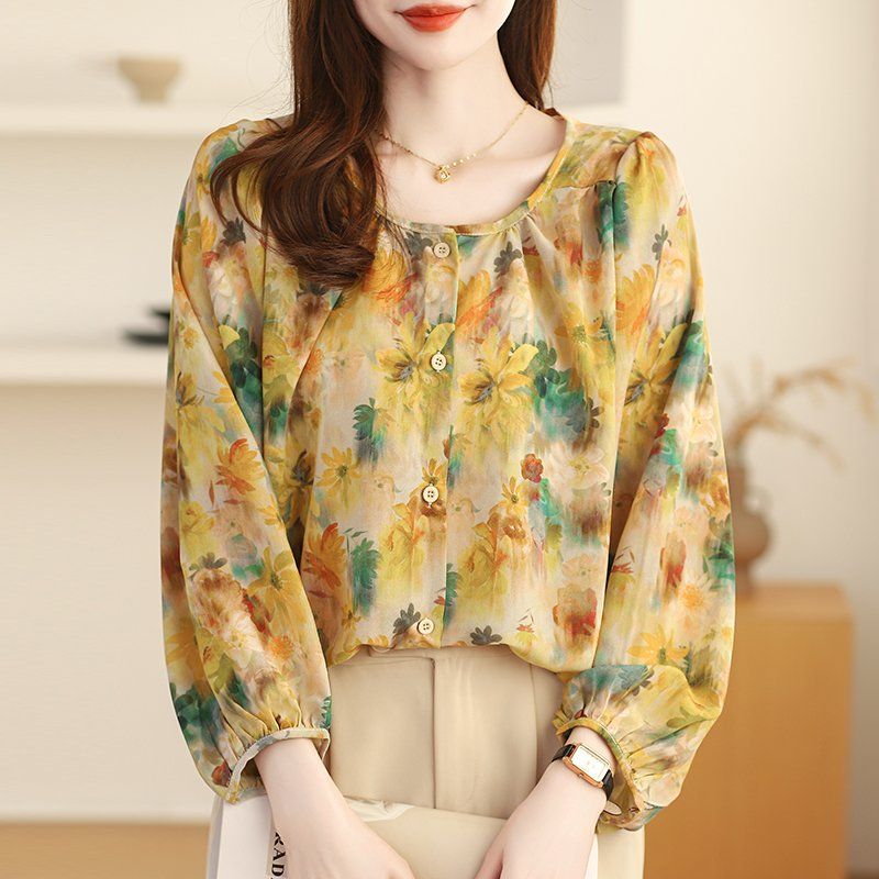 여성 봄 가을 루즈핏 플라워 9부소매 라운드넥 블라우스 3XL 빅사이즈 랜턴소매 쉬폰 - 상품 이미지