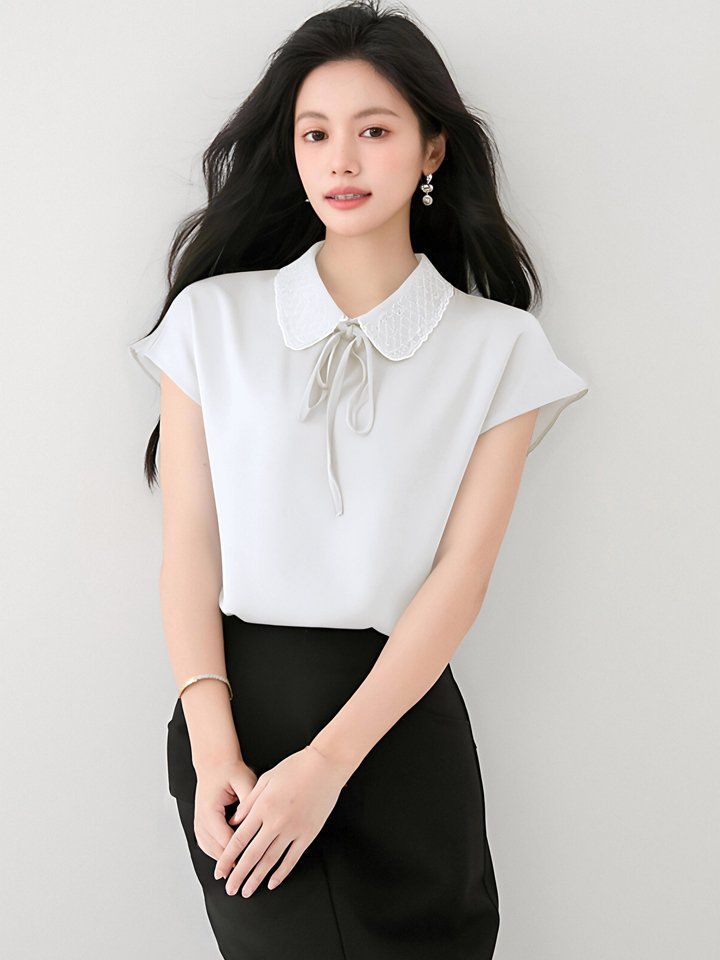 여성 봄 여름 피터팬카라 리본 스트랩 반팔 블라우스 단정한 기본 데일리 오피스룩 - 상세 이미지 5