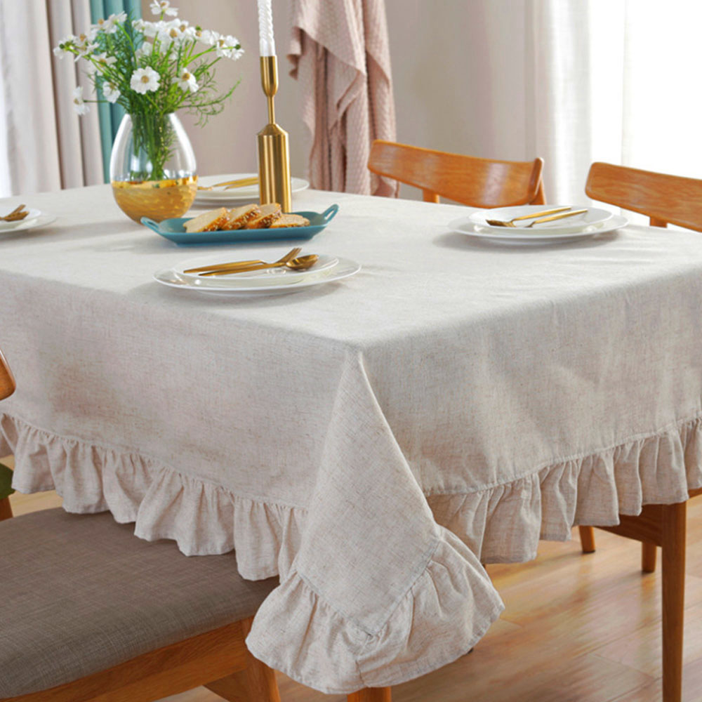 프릴 린넨 식탁보 테이블보 (140x cm) (베이지) 커버 매트 방수 러너