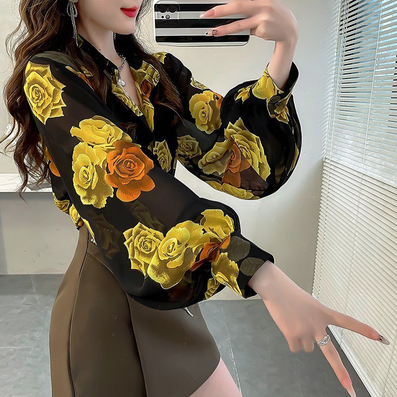 여성 봄 가을 루즈핏 플라워 긴팔 카라 셔츠 XL 시스루 블라우스 데일리룩 로맨틱룩 - 상세 이미지 3