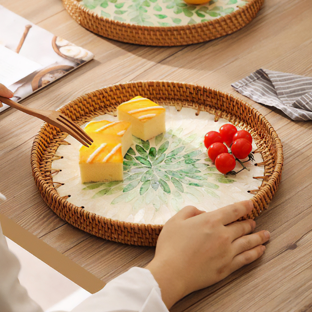 라탄 트레이 원형 간식 과일 바구니 미니 수납 바스켓