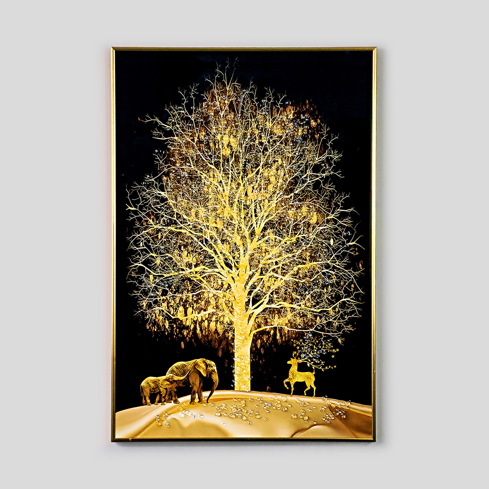 황금 나무 큐빅 사슴 코끼리 액자 알루미늄 40x 60 인테리어 돈들어오는 그림 - 메인 이미지