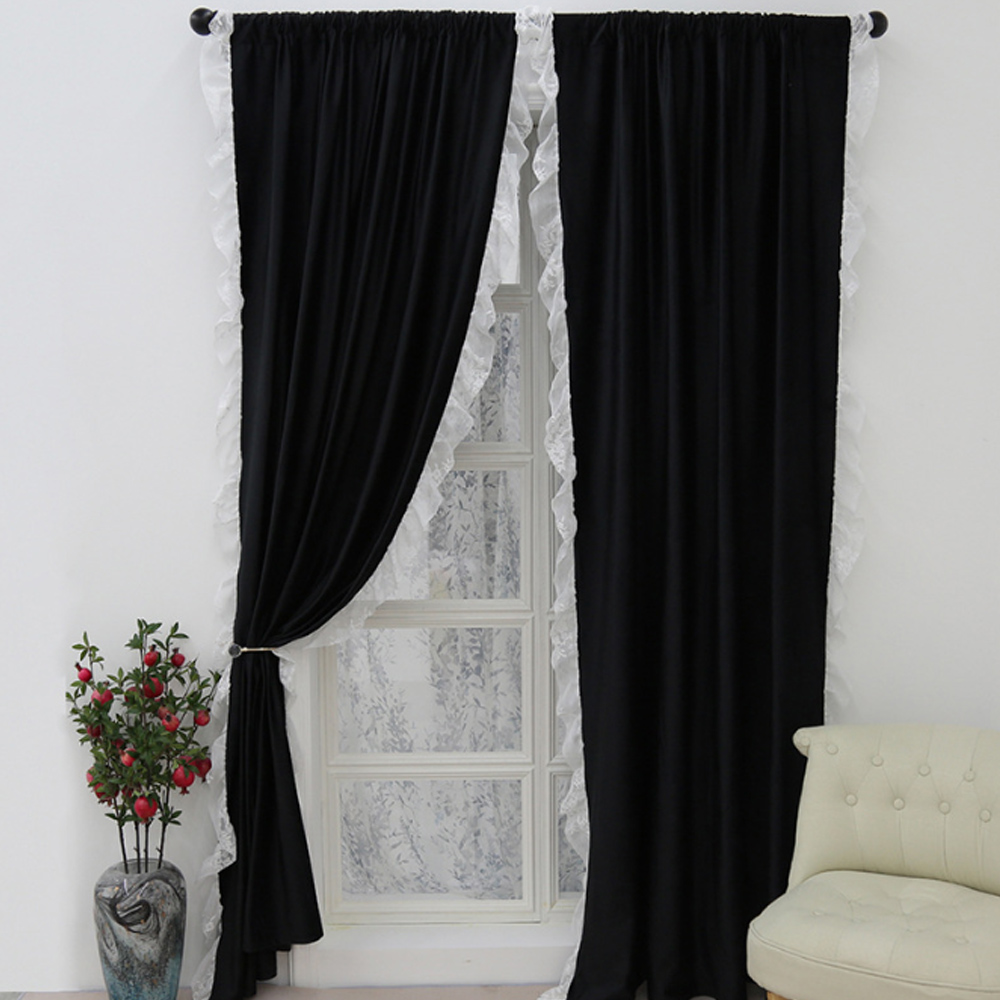 프로방 러플 암막 커튼 2장 세트 100x 130 cm( 블랙) 창문 침실 안방 창문용